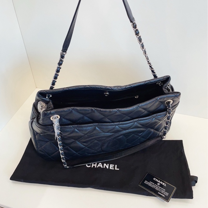 【98新🆕】Chanel 黑銀荔枝牛皮 雙鏈條tote 外縫線雙c logo 手提包 單肩包-7