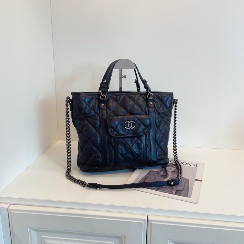 【98新🆕】Chanel 黑銀全皮雙口袋 2way tote 手提托特包 單肩 包-0