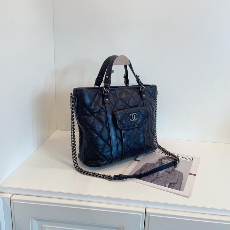 【98新🆕】Chanel 黑銀全皮雙口袋 2way tote 手提托特包 單肩 包-2
