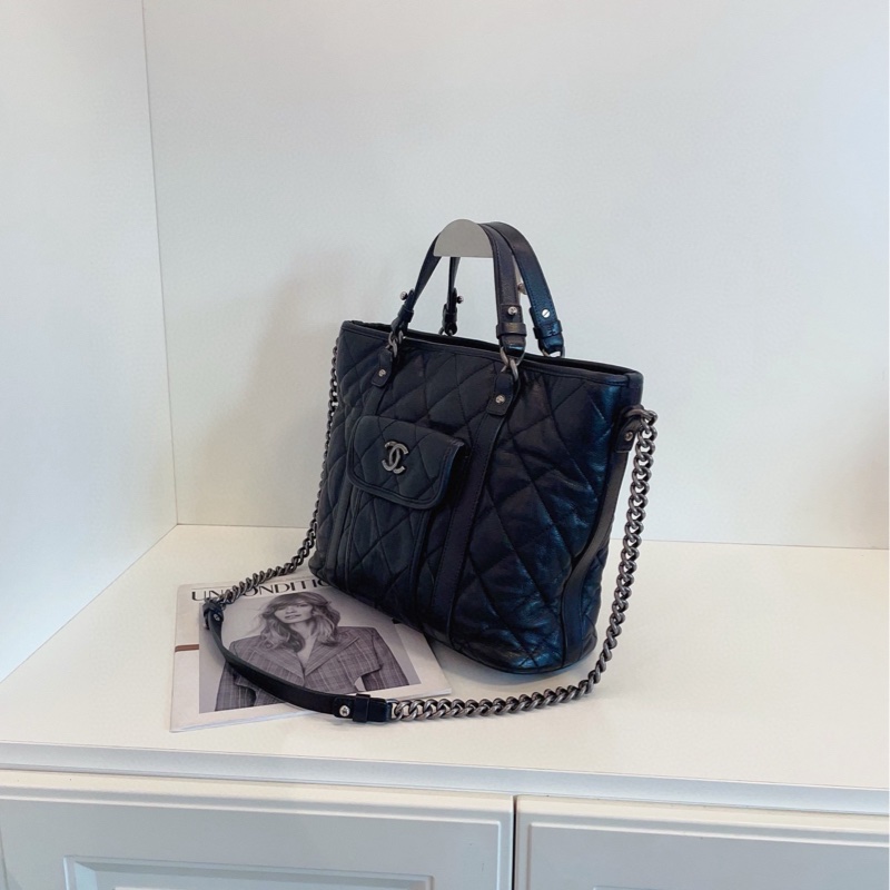 【98新🆕】Chanel 黑銀全皮雙口袋 2way tote 手提托特包 單肩 包-3