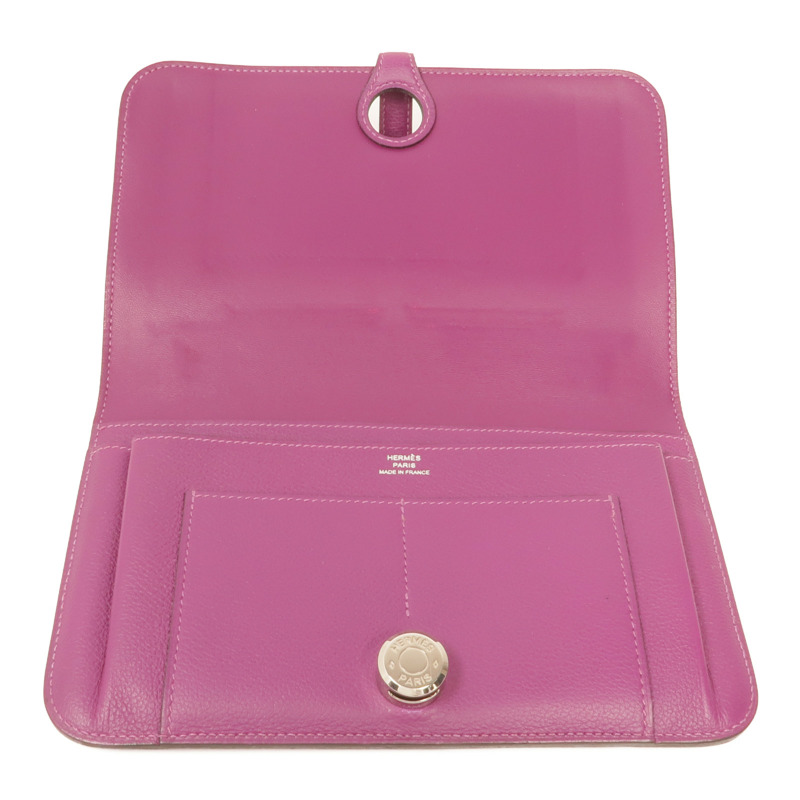 HERMES Evercolor皮革Dogon Wallet銀扣長錢包Anemone-11