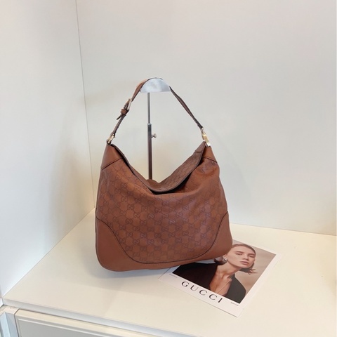 【97新🆕】Gucci 焦糖色全皮GG老花壓紋大飯盒Hobo腋下包 手提包 單肩包
