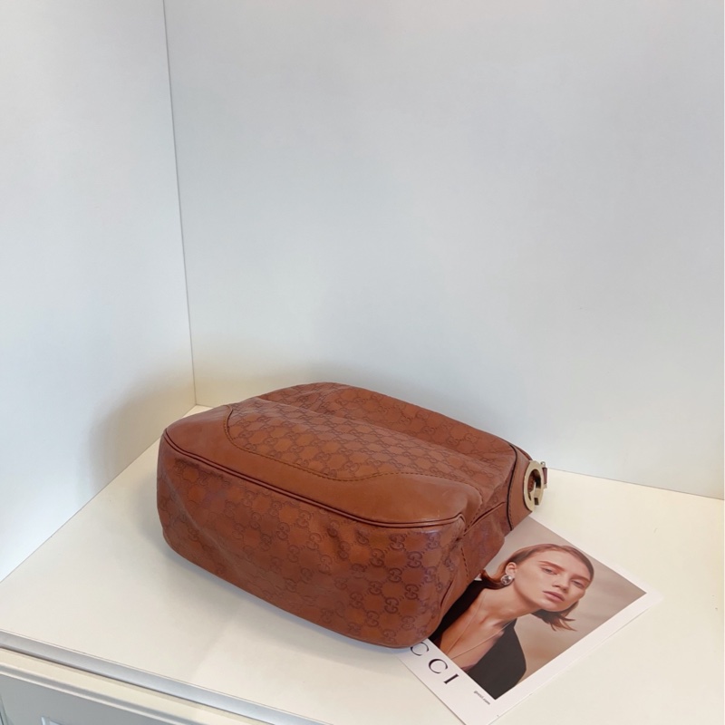 【97新🆕】Gucci 焦糖色全皮GG老花壓紋大飯盒Hobo腋下包 手提包 單肩包-4