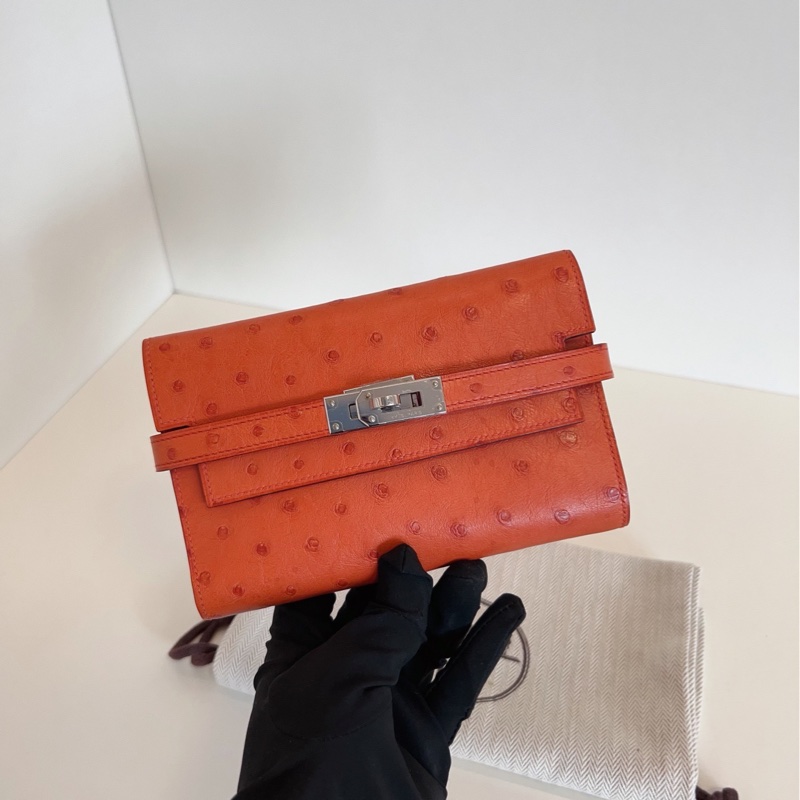 【98新🆕】Hermes 銀扣 kelly 短款錢包 鴕鳥皮 C刻  斜挎包-5