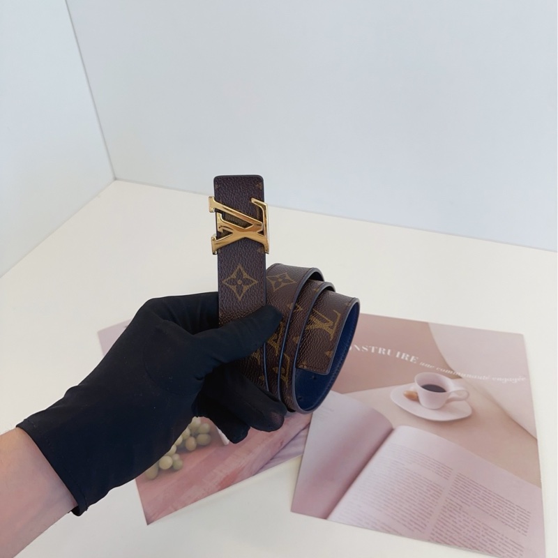 【98新🆕】LV 老花拼深藍色 經典logo金扣 雙面腰帶皮帶-1