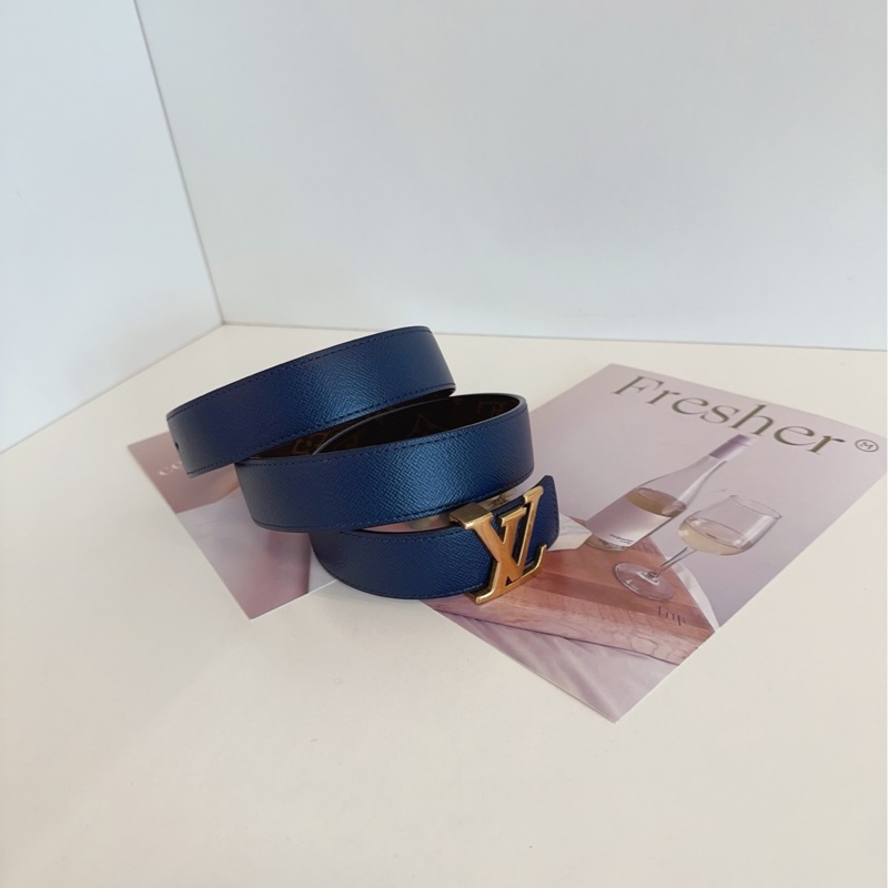【98新🆕】LV 老花拼深藍色 經典logo金扣 雙面腰帶皮帶-4