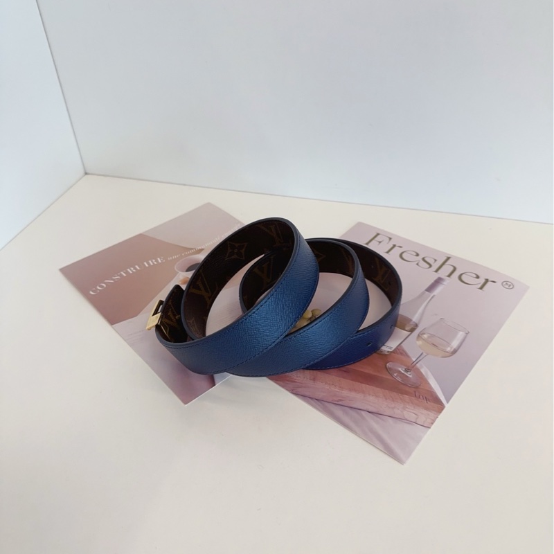 【98新🆕】LV 老花拼深藍色 經典logo金扣 雙面腰帶皮帶-5