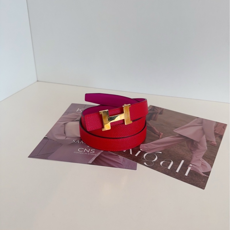 【98新🆕】Hermes 雙面H腰帶 紅拼玫紅金扣皮帶-0
