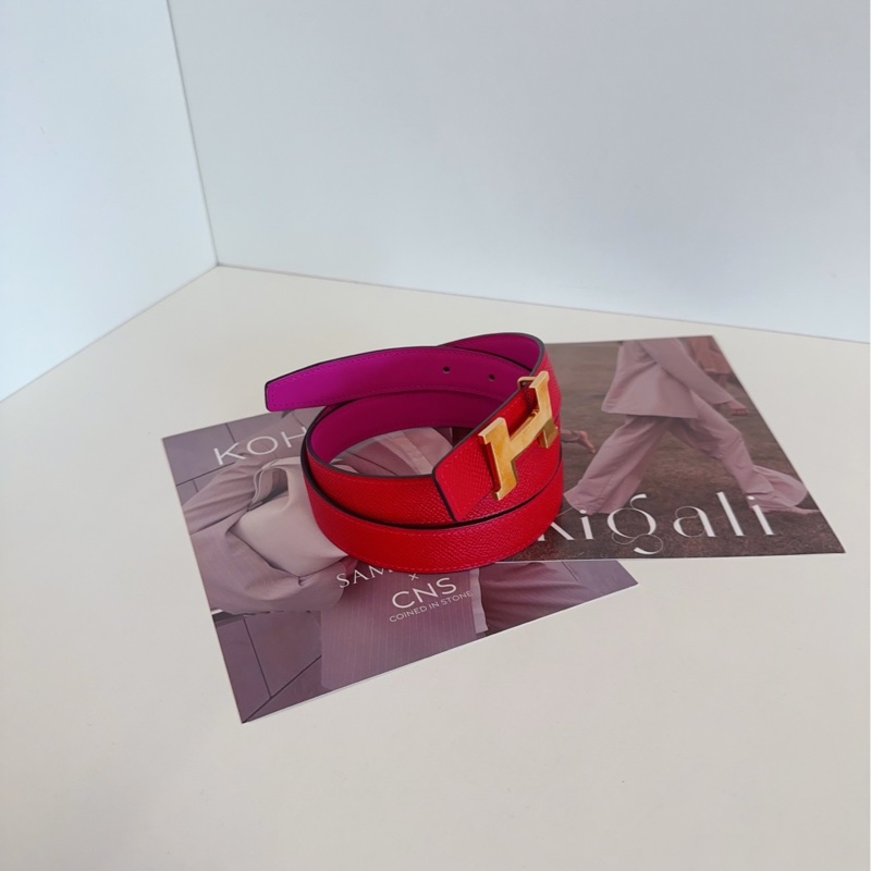 【98新🆕】Hermes 雙面H腰帶 紅拼玫紅金扣皮帶-1