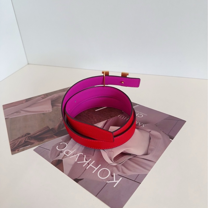【98新🆕】Hermes 雙面H腰帶 紅拼玫紅金扣皮帶-2