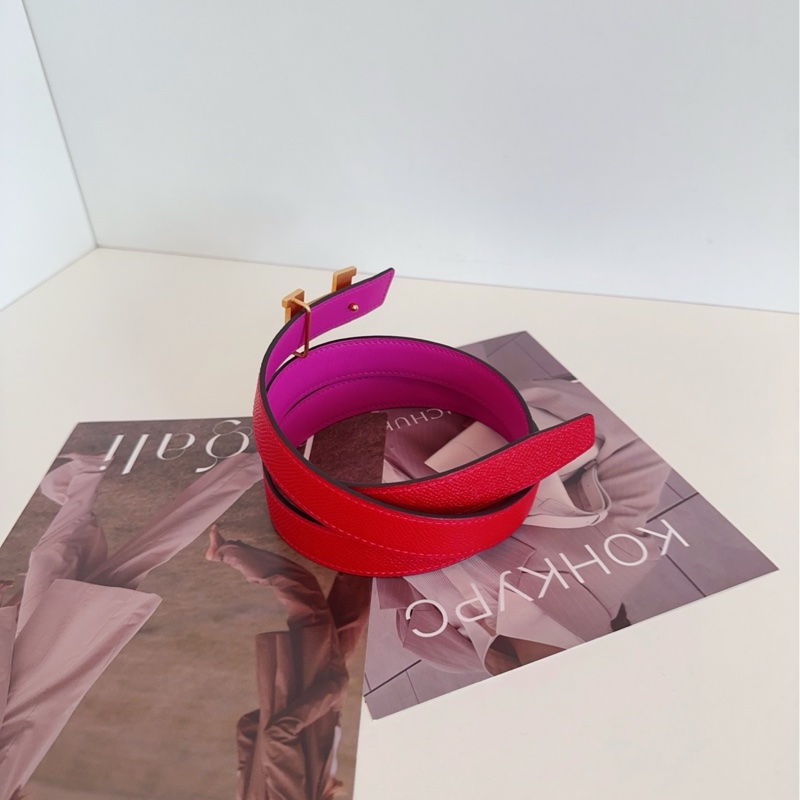 【98新🆕】Hermes 雙面H腰帶 紅拼玫紅金扣皮帶-3