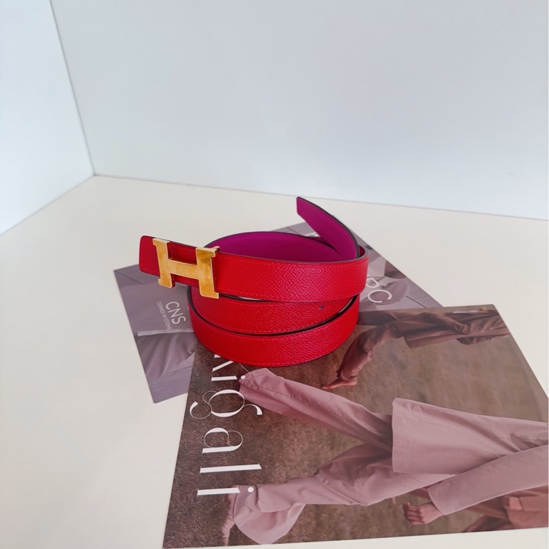 【98新🆕】Hermes 雙面H腰帶 紅拼玫紅金扣皮帶-4