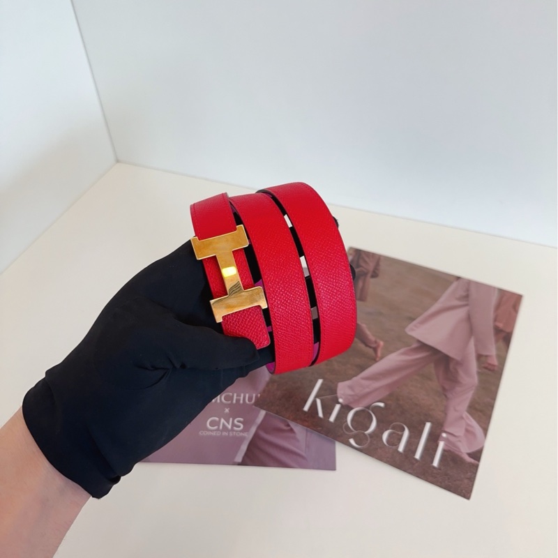 【98新🆕】Hermes 雙面H腰帶 紅拼玫紅金扣皮帶-5