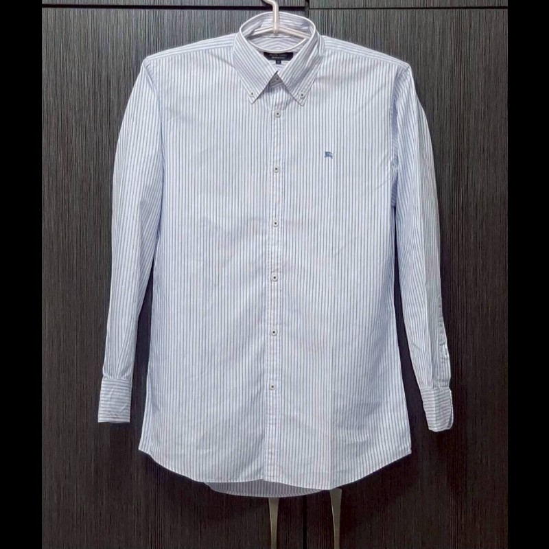 絕版BURBERRY 博柏利 BLACK LABEL 黑標 戰馬 男藍白條紋長袖襯衫39號-0