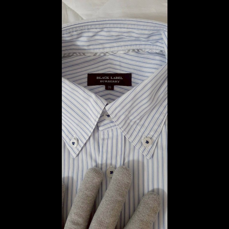 絕版BURBERRY 博柏利 BLACK LABEL 黑標 戰馬 男藍白條紋長袖襯衫39號-6