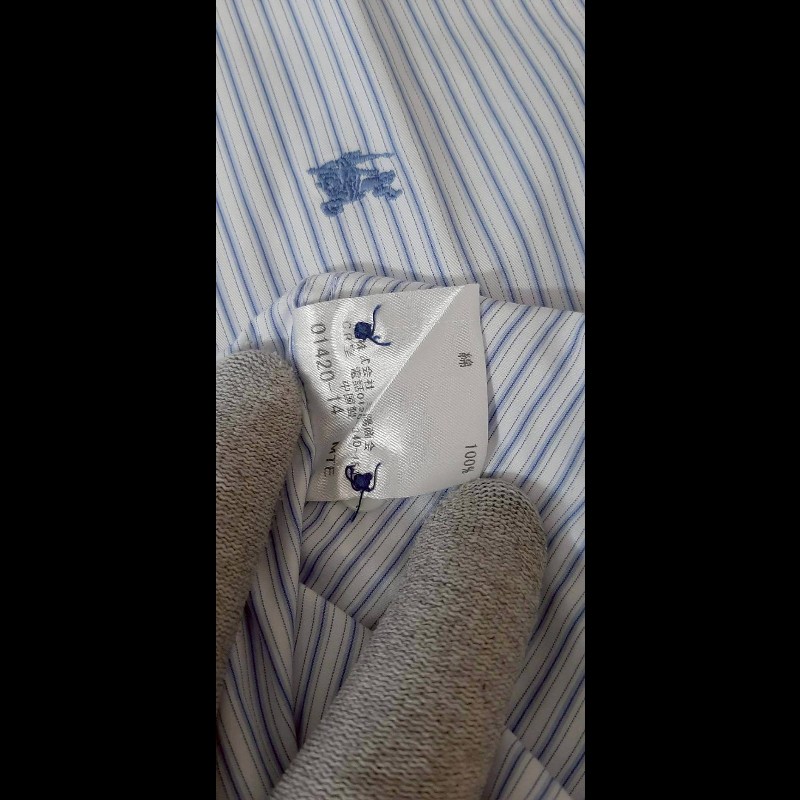 絕版BURBERRY 博柏利 BLACK LABEL 黑標 戰馬 男藍白條紋長袖襯衫39號-8