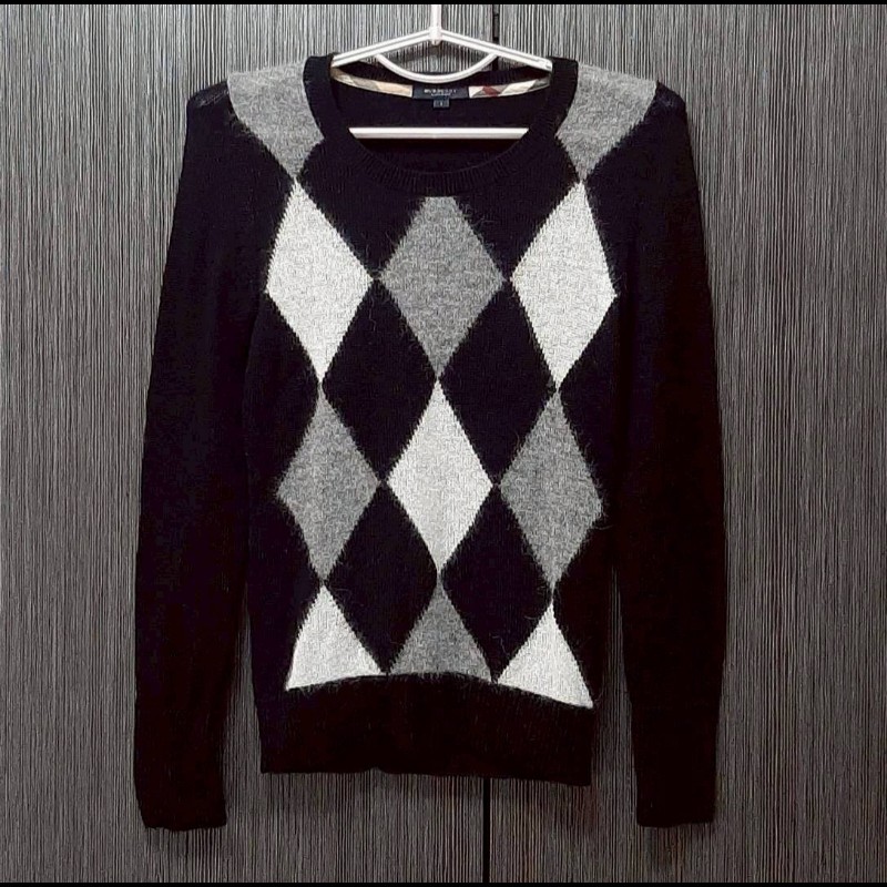 （日本製MIJ）BURBERRY 博柏利 LONDON 女菱格紋混羊毛長袖針織毛衣1號-0