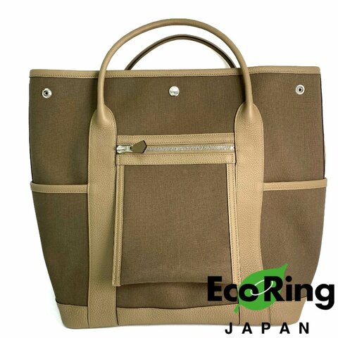△ Hermes 愛馬仕 Beige Canvas Palladium Plated Metal Garden Party Pockets Vertical Tote Bag Stamp W 淺褐色帆布鍍鈀金屬托特袋W刻 - 257021387