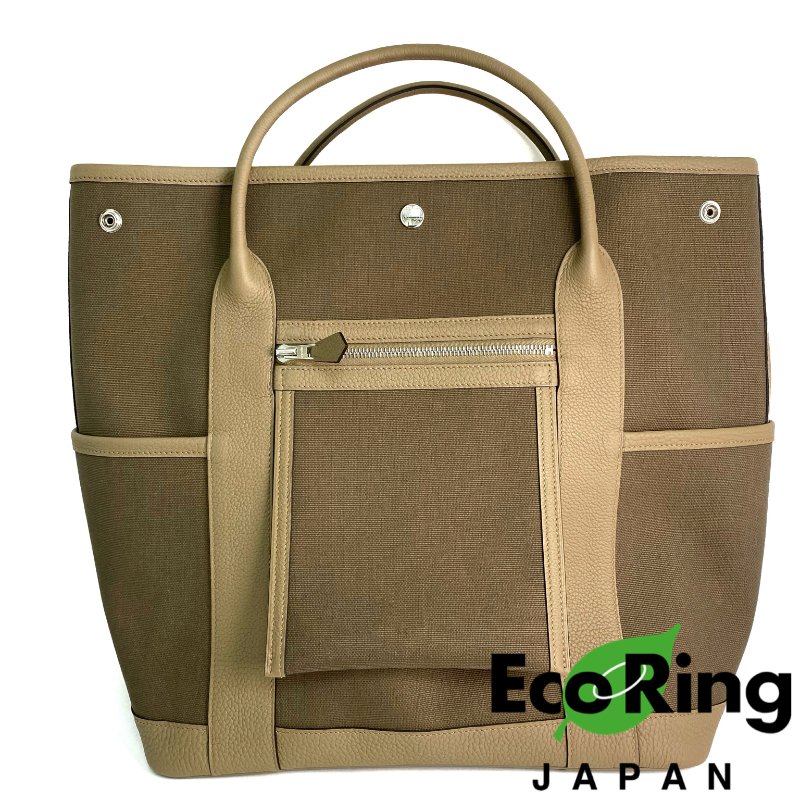 △ Hermes 愛馬仕 Beige Canvas Palladium Plated Metal Garden Party Pockets Vertical Tote Bag Stamp W 淺褐色帆布鍍鈀金屬托特袋W刻 - 257021387-0
