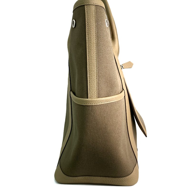 △ Hermes 愛馬仕 Beige Canvas Palladium Plated Metal Garden Party Pockets Vertical Tote Bag Stamp W 淺褐色帆布鍍鈀金屬托特袋W刻 - 257021387-3