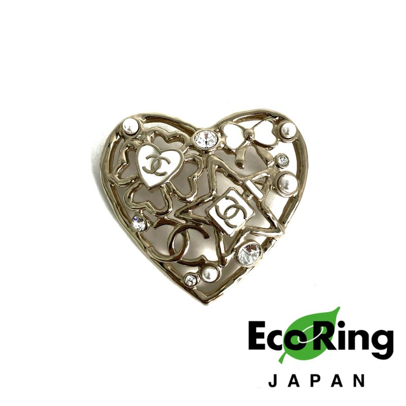 ☆Chanel香奈兒 Gold Tone Metal Faux Pearl Heart Brooch L25P 金色金屬仿珍珠心形胸針 L25P -257021392-0