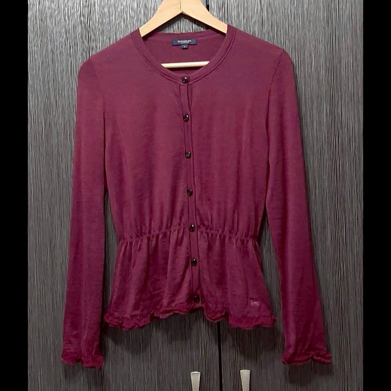 BURBERRY 博柏利 LONDON 戰馬 女酒紅色混羊毛絲綢長袖薄款罩衫2號-0