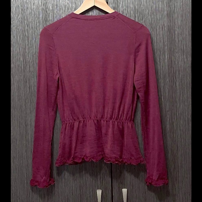 BURBERRY 博柏利 LONDON 戰馬 女酒紅色混羊毛絲綢長袖薄款罩衫2號-1