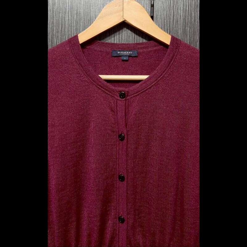 BURBERRY 博柏利 LONDON 戰馬 女酒紅色混羊毛絲綢長袖薄款罩衫2號-4