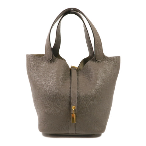 HERMES Clemence皮革Picotin MM金扣手挽袋Gris Etain