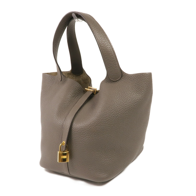 HERMES Clemence皮革Picotin MM金扣手挽袋Gris Etain-2