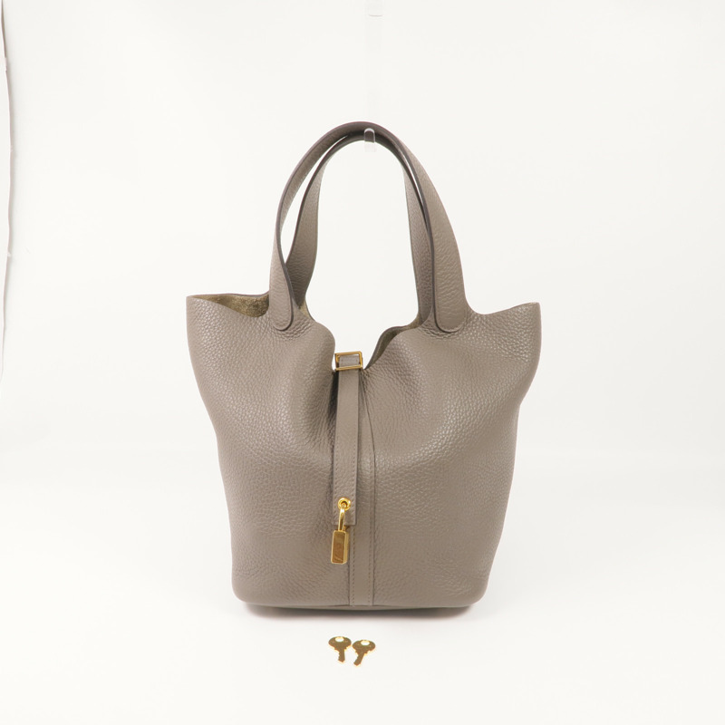 HERMES Clemence皮革Picotin MM金扣手挽袋Gris Etain-14