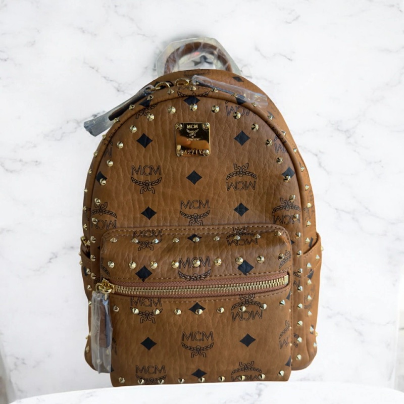 MCM牛皮滿版後背包 小款 焦糖色-0