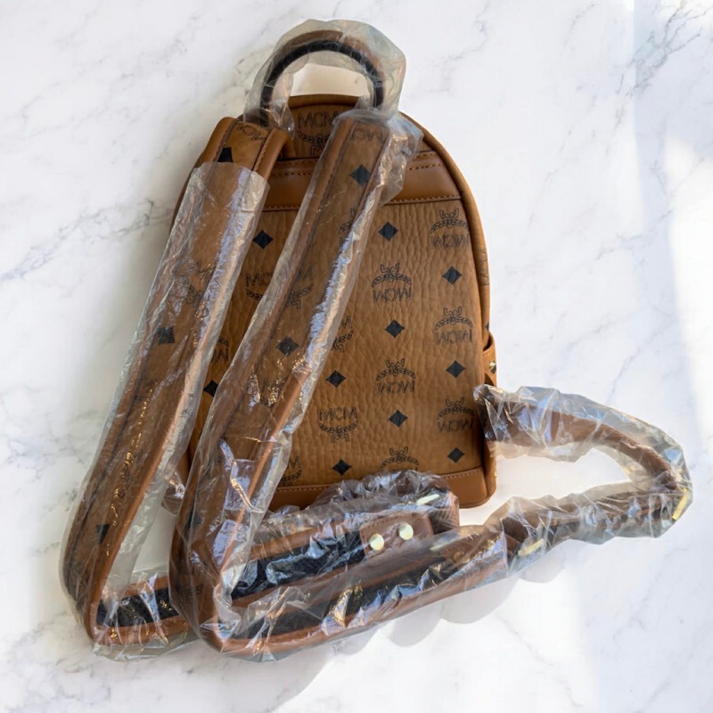 MCM牛皮滿版後背包 小款 焦糖色-2