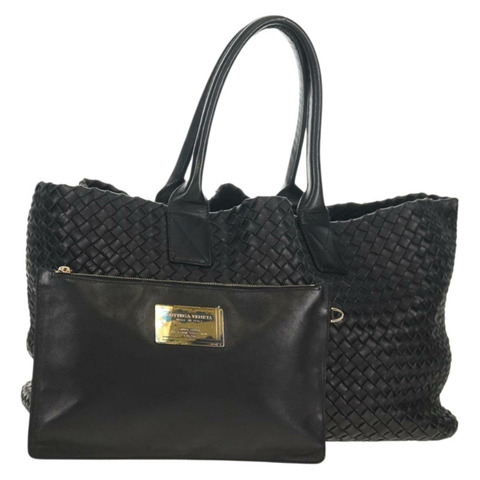 BOTTEGA VENETA INTRECCIATO Cabas MM 手提包，黑色皮革，貨號 115664，正品編號 149722V
