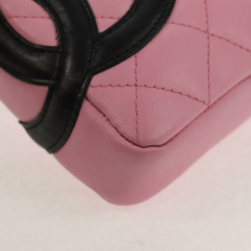 【日本直送】香奈兒 Cambon 系列單肩包，粉紅色黑色皮革，CC 標誌，正品 mr1562V-7