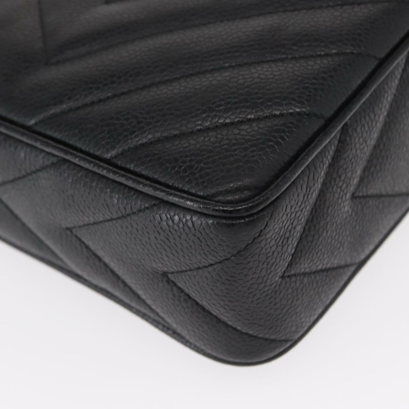 【日本直送】香奈兒 (CHANEL) 鏈條 V 字縫線肩背包，魚子醬紋皮革，黑色，金色雙 C 標誌，貨號 146083AV-14