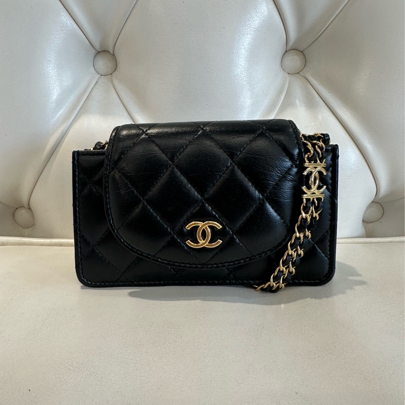 CHANEL 羊皮雙層配件包 黑色 晶片款-0