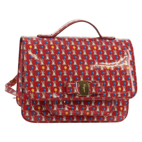 Salvatore Ferragamo Vala 背包，乙烯基塗層，三向紅金配色，正品編號 134344AV