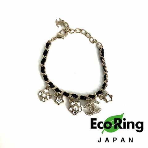 ☆Chanel香奈兒 Gold Tone Metal Black Calfskin Star Rhinestone Bracelet I25B 金色金屬黑色小牛皮星星水鑽手鍊 I25B -257021394