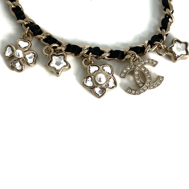 ☆Chanel香奈兒 Gold Tone Metal Black Calfskin Star Rhinestone Bracelet I25B 金色金屬黑色小牛皮星星水鑽手鍊 I25B -257021394-1