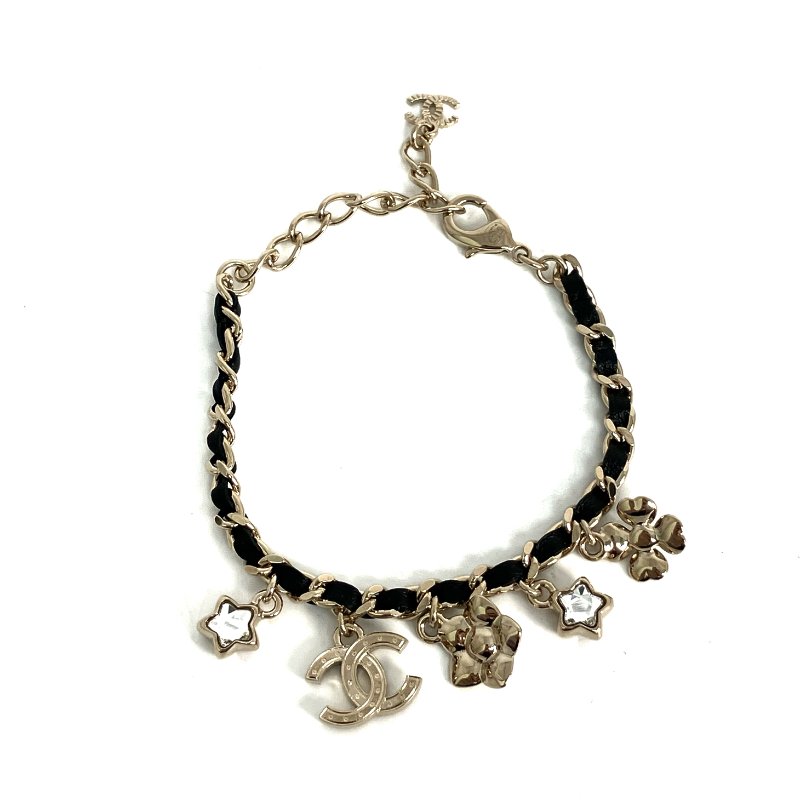 ☆Chanel香奈兒 Gold Tone Metal Black Calfskin Star Rhinestone Bracelet I25B 金色金屬黑色小牛皮星星水鑽手鍊 I25B -257021394-3