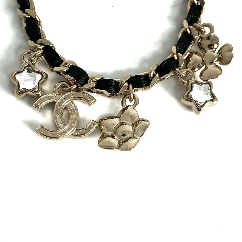 ☆Chanel香奈兒 Gold Tone Metal Black Calfskin Star Rhinestone Bracelet I25B 金色金屬黑色小牛皮星星水鑽手鍊 I25B -257021394-6