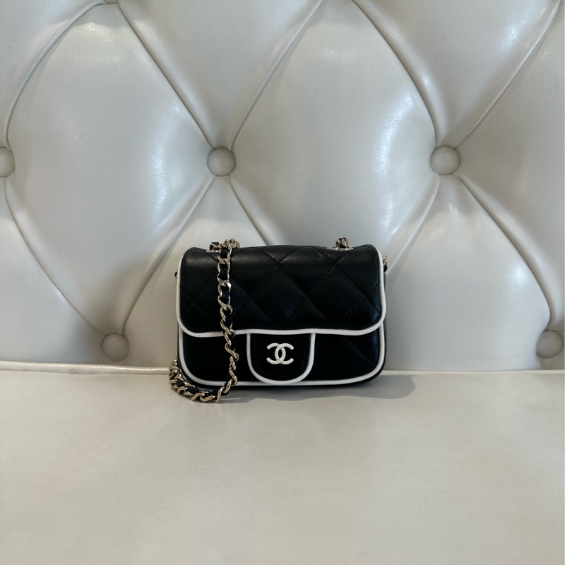 CHANEL 羊皮黑白邊配件包 黑色 晶片款-0