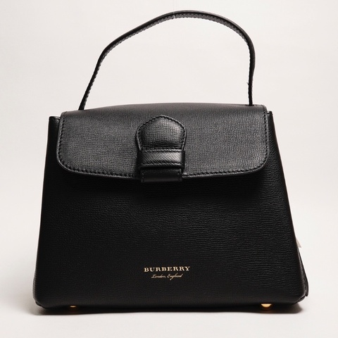 BURBERRY Camberley經典格紋帆布拼色 荔枝皮手提包（黑）