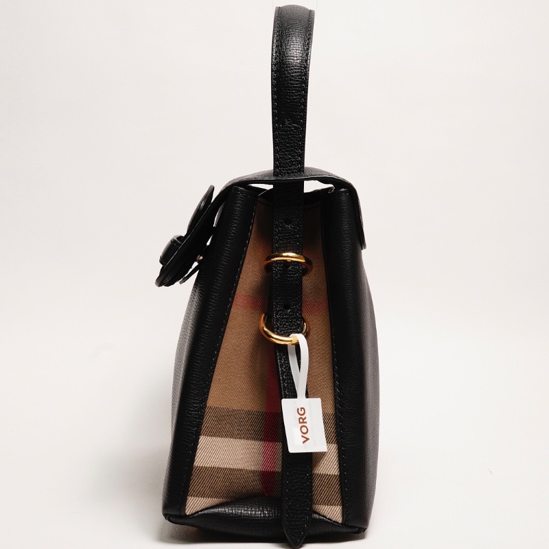 BURBERRY Camberley經典格紋帆布拼色 荔枝皮手提包(黑)-2