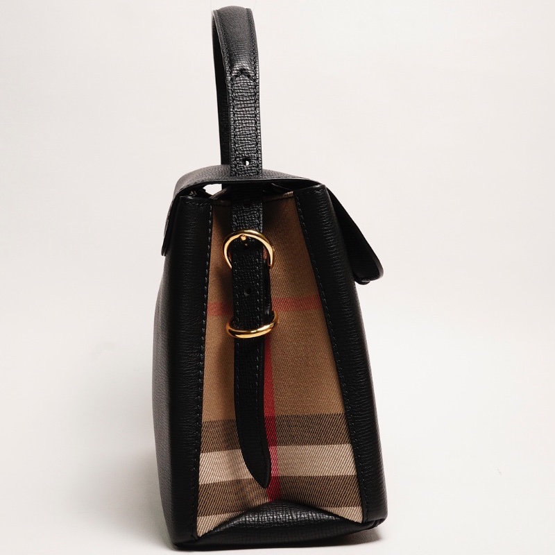 BURBERRY Camberley經典格紋帆布拼色 荔枝皮手提包(黑)-3