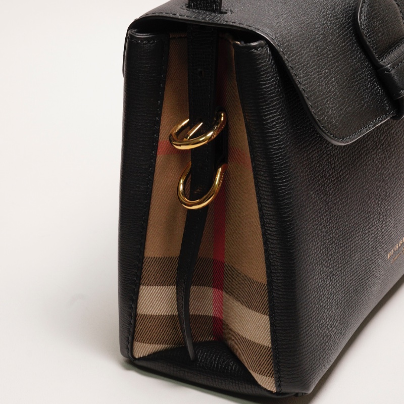 BURBERRY Camberley經典格紋帆布拼色 荔枝皮手提包(黑)-8