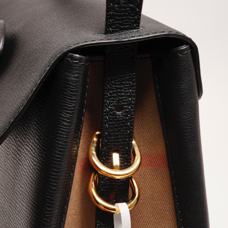 BURBERRY Camberley經典格紋帆布拼色 荔枝皮手提包(黑)-9