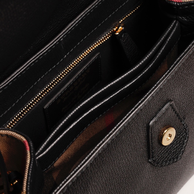BURBERRY Camberley經典格紋帆布拼色 荔枝皮手提包(黑)-10