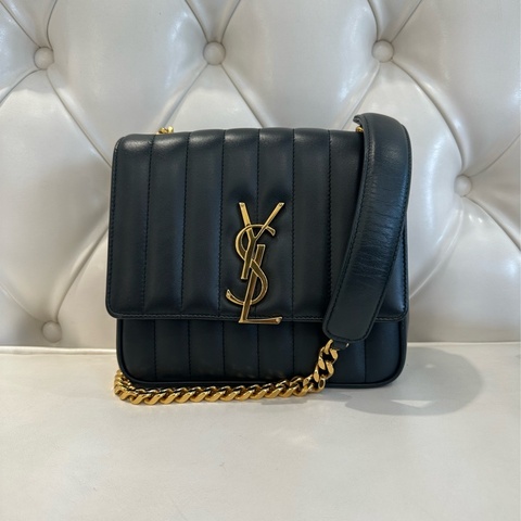 YSL 全皮直紋翻蓋鏈包 綠色